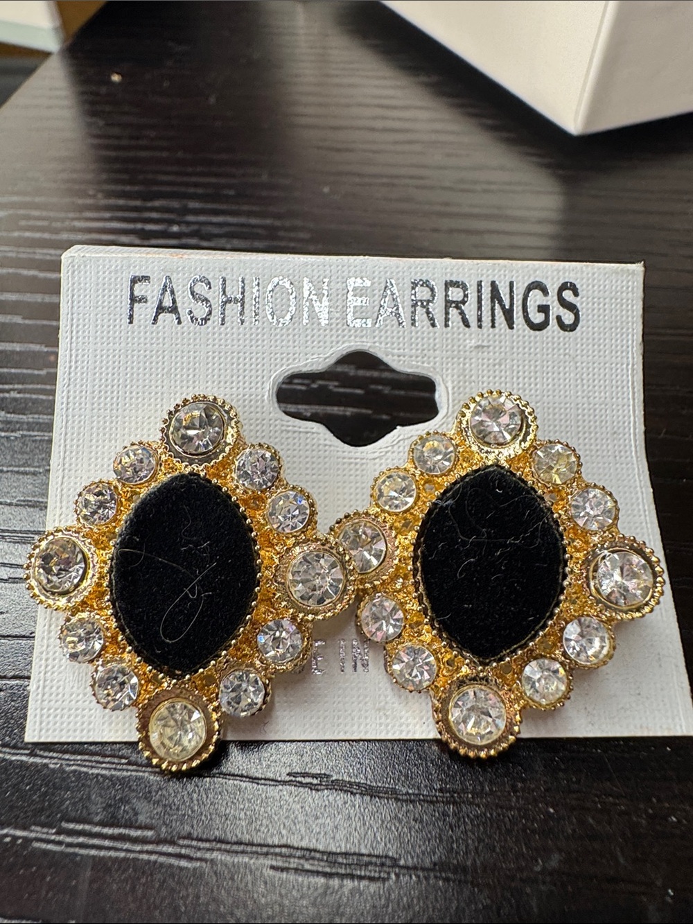 Gold-Tone Earrings with Black Velvet Center and Clear Crystals